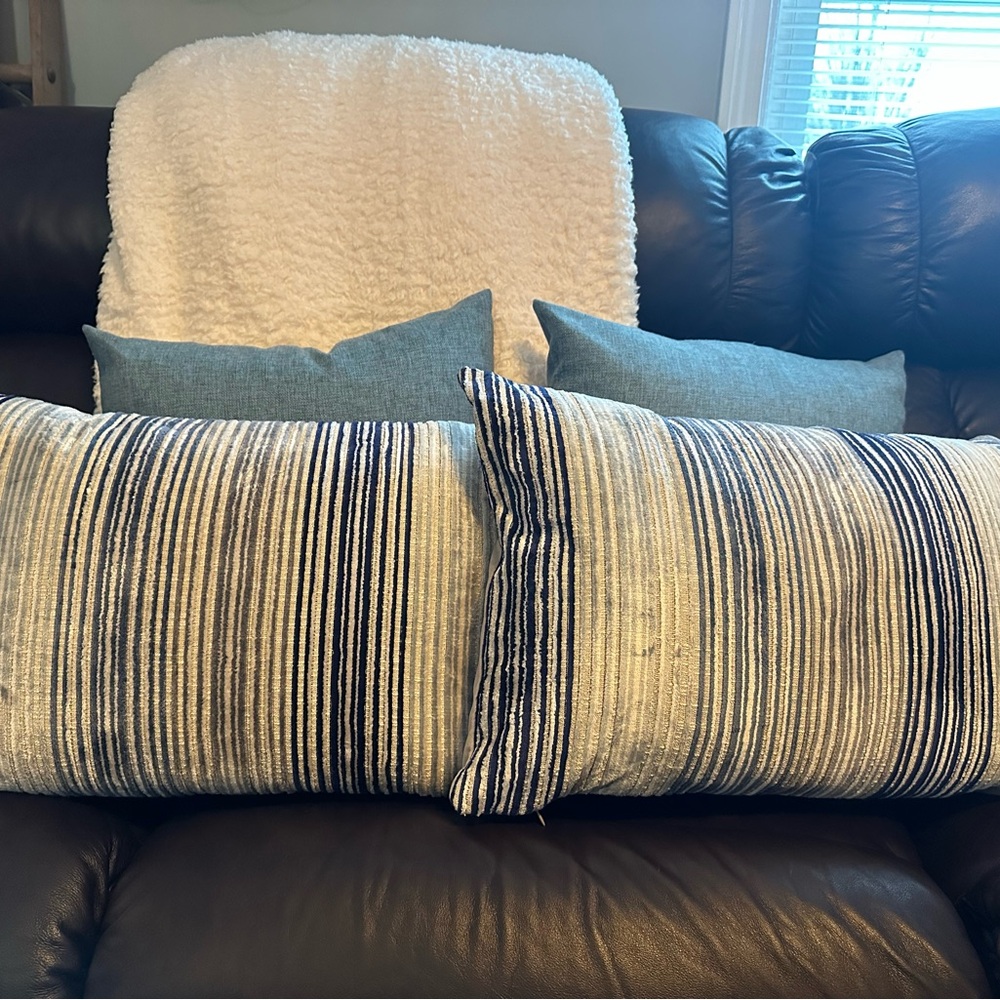 2 Striped Blue and White Throw Pillows & 2 Solid Blue Pillows